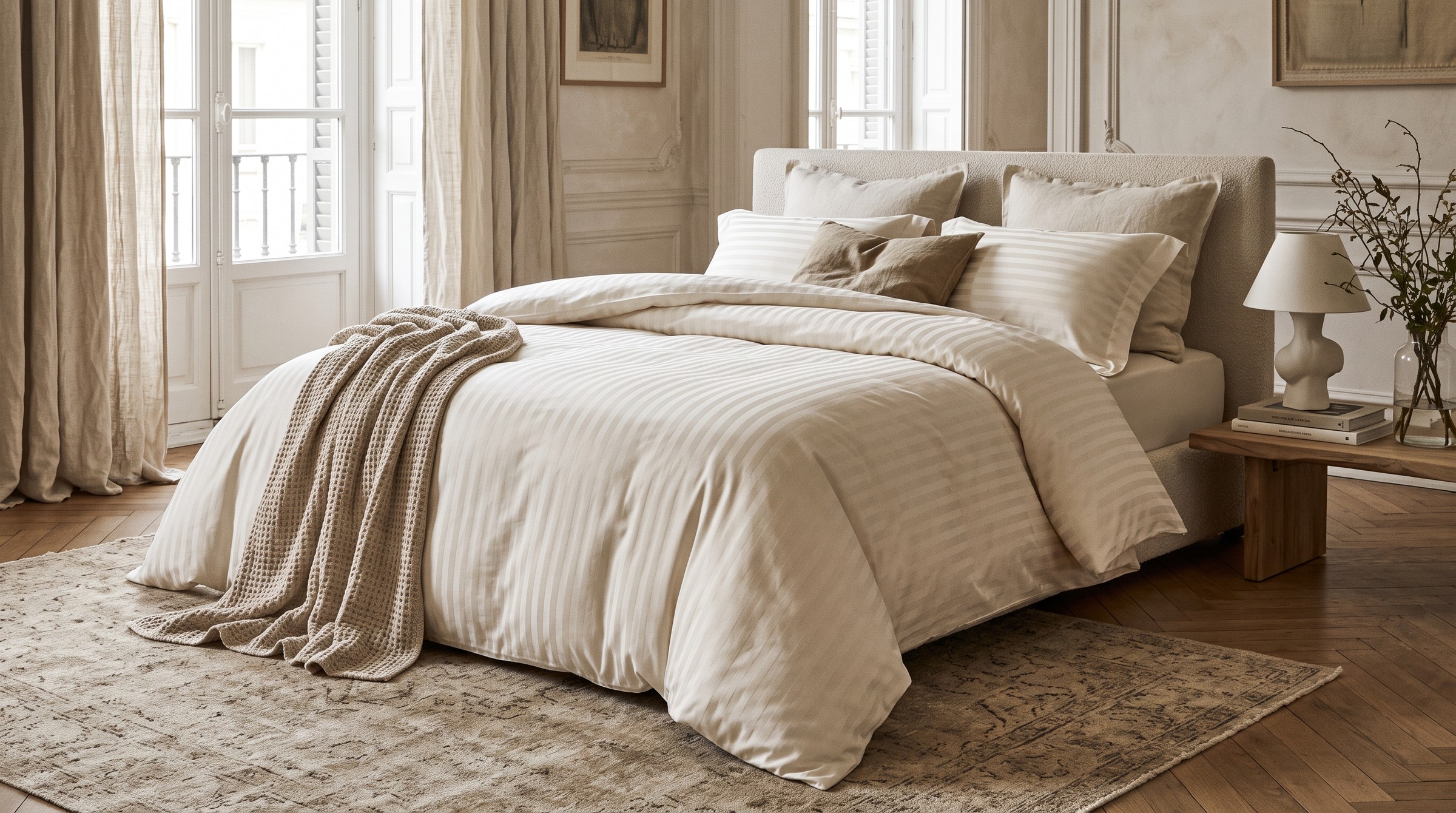 Premium bedding textiles arranged for hospitality and retail programs